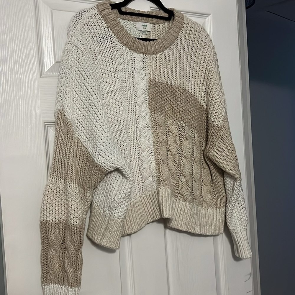 Aerie Patchwork Crew Neck Cable Knit Sweater - image 3